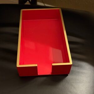 Bright red and gold lacquer guest towel caddy